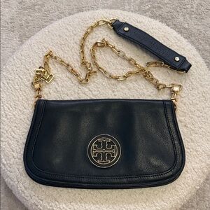 Tory Burch Black Leather Crossbody Bag with Gold Chain